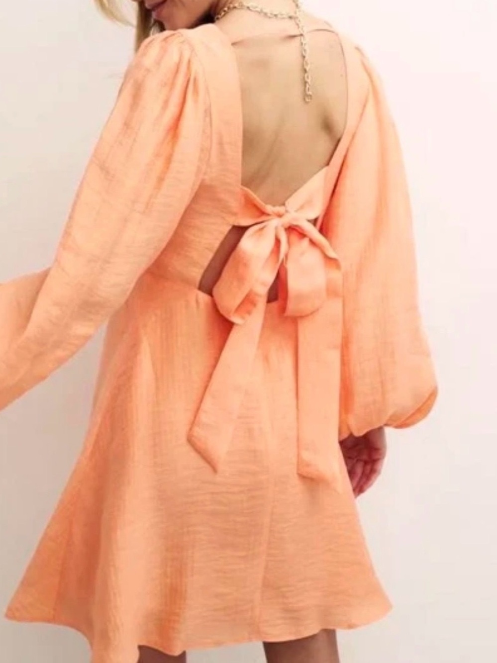 NWT Nobody’s Child Sz 6P Zola Mini Dress Orange Open-Back Bow Tie Ballon Sleeves